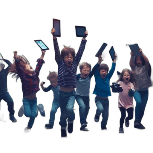 3d render, children, bustling, urban, scene, hold, tablets, aloft transparent PNG cut-out