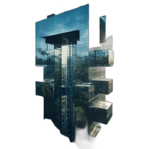 building, 3d render, concept art, cyberpunk, photorealistic, modern, glass, reflective transparent PNG cut-out
