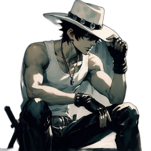 hat, weapon, staff, concept art, comic book art, pixel art, photorealistic, monochrome transparent PNG cut-out