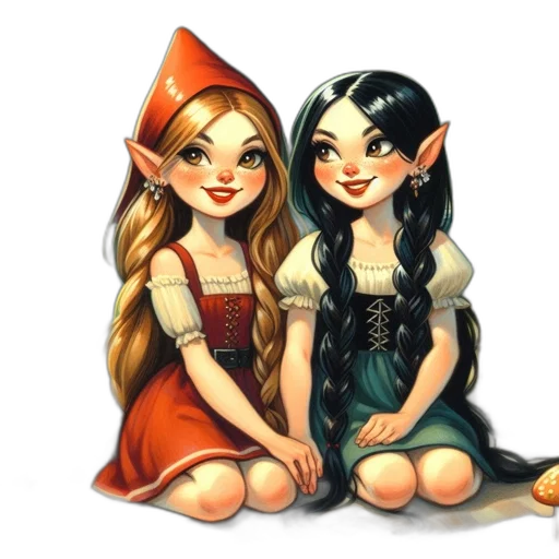 fantasy art, concept art, watercolor, pixel art, two, female, characters, one transparent PNG cut-out