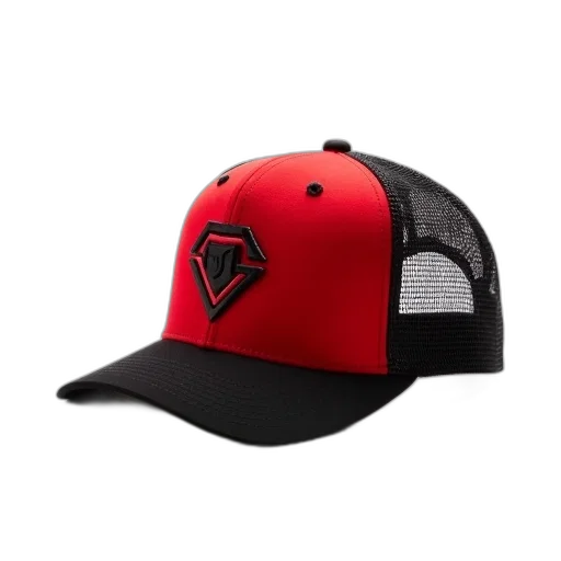 hat, 3d render, red, baseball, cap, black, brim, logo transparent PNG cut-out