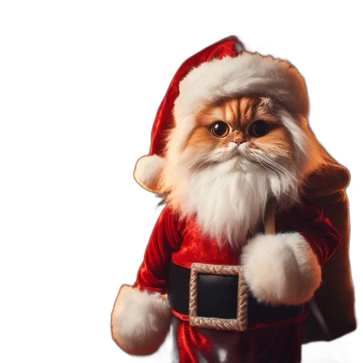 animal, photorealistic, 3d render, anthropomorphized, feline, donning, santa, outfit transparent PNG cut-out