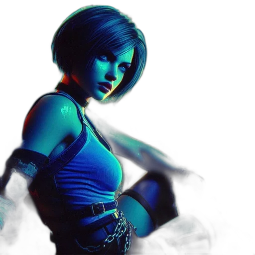 concept art, cyberpunk, comic book art, photorealistic, neon lights, blue, female, character transparent PNG cut-out