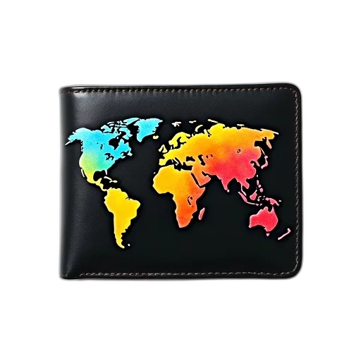 black, leather, wallet, colorful, world, map, design, front transparent PNG cut-out