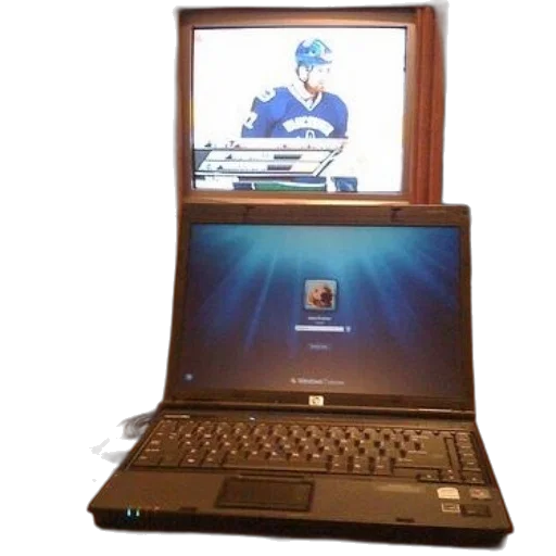 laptop, blue, screen, sits, table, front, showing, hockey transparent PNG cut-out