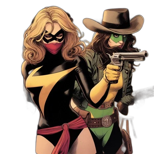 comic book art, concept art, two, female, superhero, characters, one, long transparent PNG cut-out