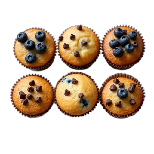 food, plate, six, muffins, each, different, topping, displayed transparent PNG cut-out