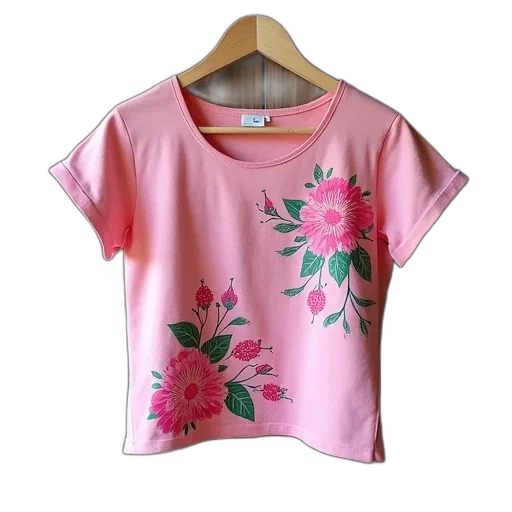 pink, top, floral, pattern, displayed, wooden, hanger, against transparent PNG cut-out