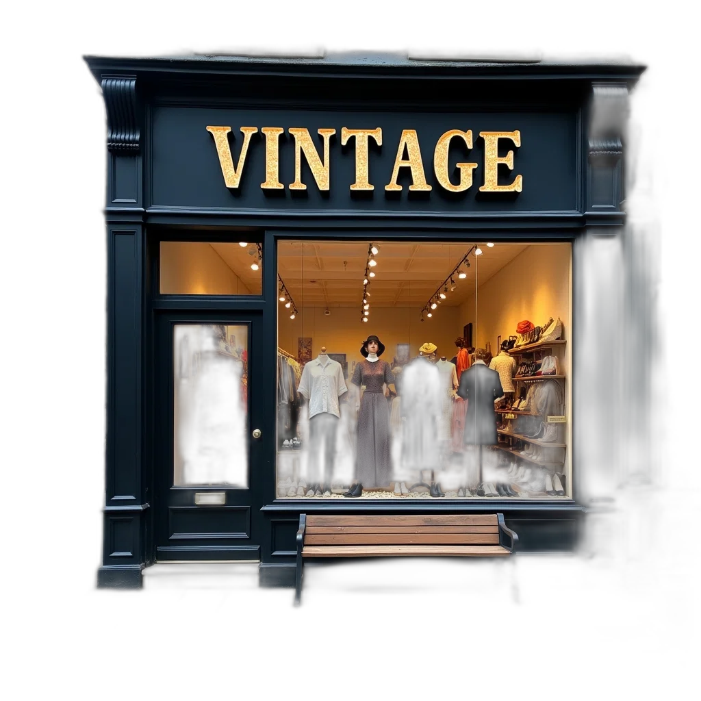 first, image, shows, exterior, vintage, clothing, store, large transparent PNG cut-out