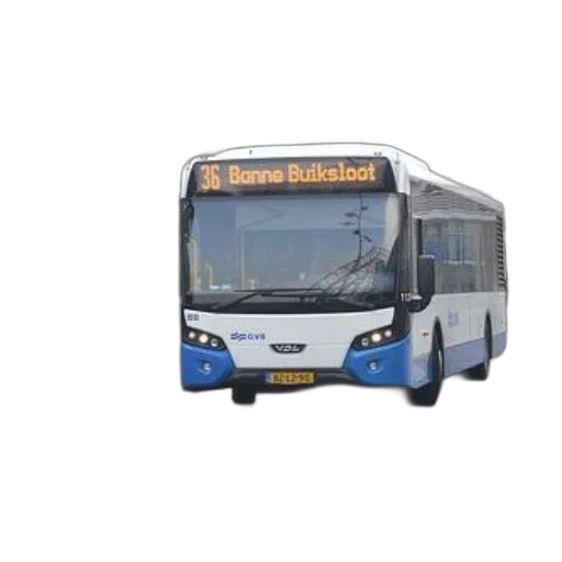 3d render, photorealistic, white, blue, bus, destination, banne, buiksloot transparent PNG cut-out