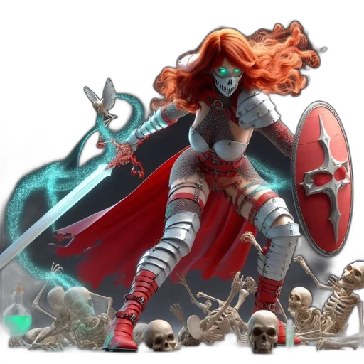 concept art, fantasy art, pixel art, comic book art, red, fiery-haired, woman, silver transparent PNG cut-out