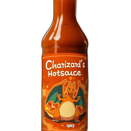 bottle, food, hot, sauce, labeled, charizard, reddish-orange, liquid transparent PNG cut-out
