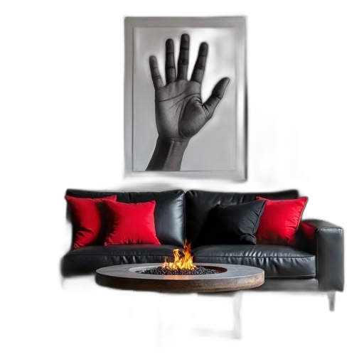 furniture, photorealistic, 3d render, concept art, fire, dark, monochrome, red transparent PNG cut-out