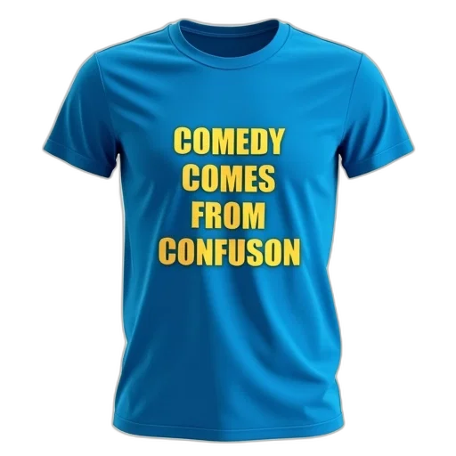 blue, t-shirt, phrase, comedy, comes, confusion, yellow, printed transparent PNG cut-out