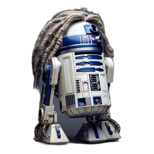 robot, staff, 3d render, concept art, r2-d2, hybrid, dreadlocked, hairstyle transparent PNG cut-out