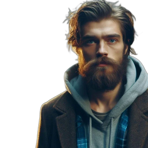 jacket, face, photorealistic, concept art, young, bearded, man, brown transparent PNG cut-out