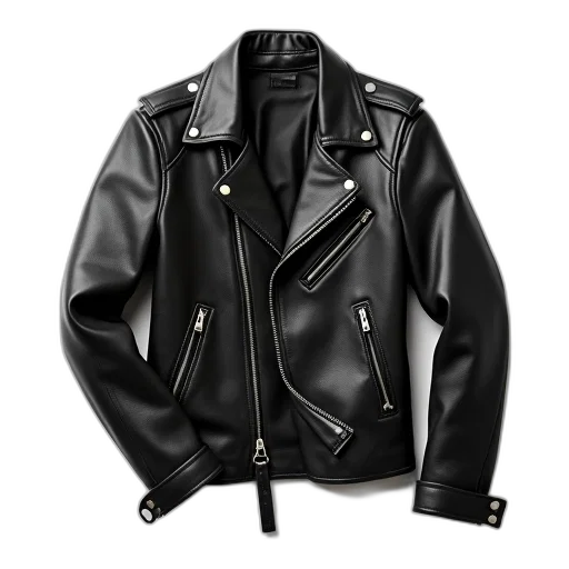 jacket, 3d render, black, leather, zipper, buttons, displayed, white transparent PNG cut-out