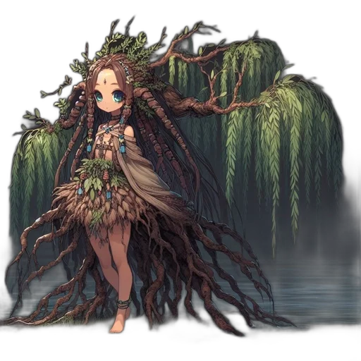 creature, hair, dress, tree, concept art, fantasy art, pixel art, anime transparent PNG cut-out