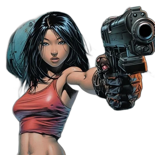 weapon, comic book art, concept art, cyberpunk, fantasy art, woman, long, black transparent PNG cut-out