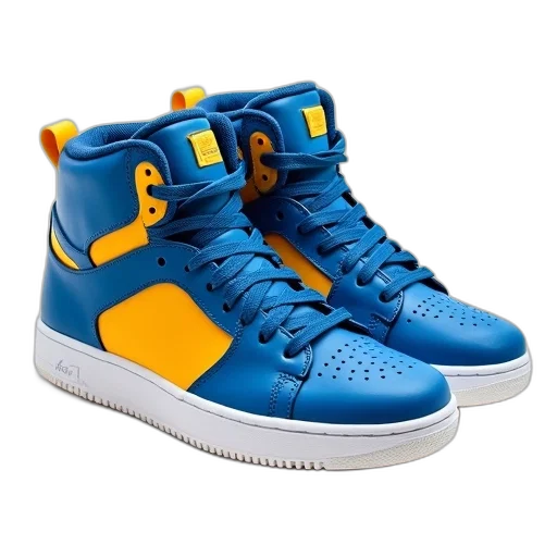 shoes, 3d render, blue, pair, yellow, high-top, sneakers, white transparent PNG cut-out