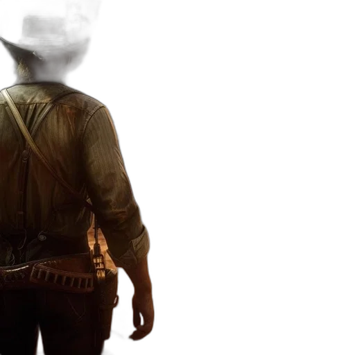 jacket, hat, weapon, concept art, cowboy, stands, front, dimly transparent PNG cut-out