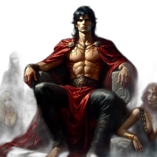 fantasy art, comic book art, concept art, photorealistic, grand, male, figure, seated transparent PNG cut-out
