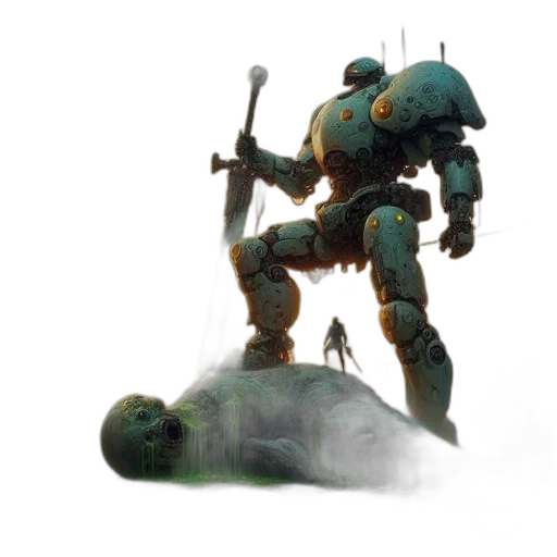 robot, weapon, sword, creature, concept art, fantasy art, pixel art, 3d render transparent PNG cut-out
