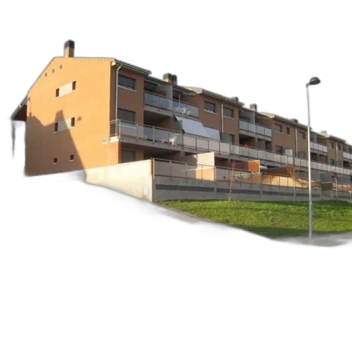 building, 3d render, photorealistic, concept art, city street, residential, balconies, street transparent PNG cut-out