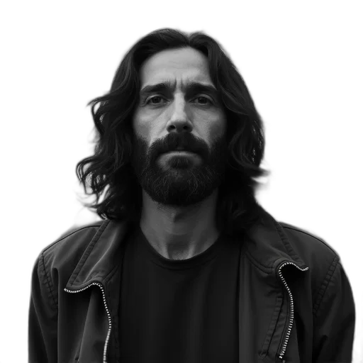 jacket, face, hair, staff, photorealistic, black, white, image transparent PNG cut-out