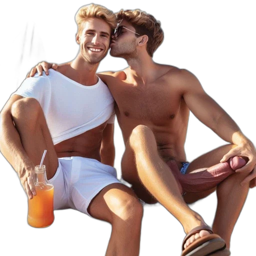 beach, two, young, men, sit, one, seated, wearing transparent PNG cut-out