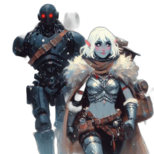 robot, concept art, fantasy art, comic book art, cyberpunk, snow, dark, monochrome transparent PNG cut-out