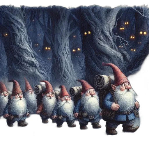 concept art, fantasy art, seven, distinctly, dressed, gnome, figures, march transparent PNG cut-out
