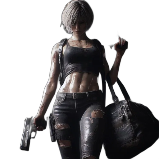 jacket, weapon, concept art, cyberpunk, 3d render, pixel art, woman, platinum transparent PNG cut-out
