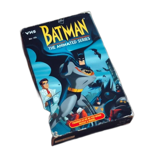 comic book art, concept art, old, vhs, tape, batman, animation, sits transparent PNG cut-out