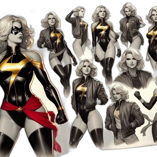 comic book art, concept art, sketchbook, page, features, multiple, drawings, female transparent PNG cut-out
