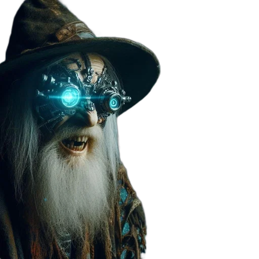 mask, staff, hat, creature, concept art, fantasy art, 3d render, cyberpunk transparent PNG cut-out
