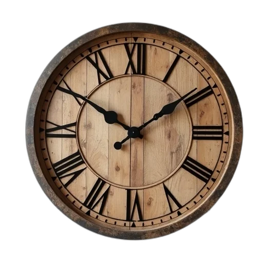 furniture, 3d render, photorealistic, rustic, wooden, clock, circular, face transparent PNG cut-out
