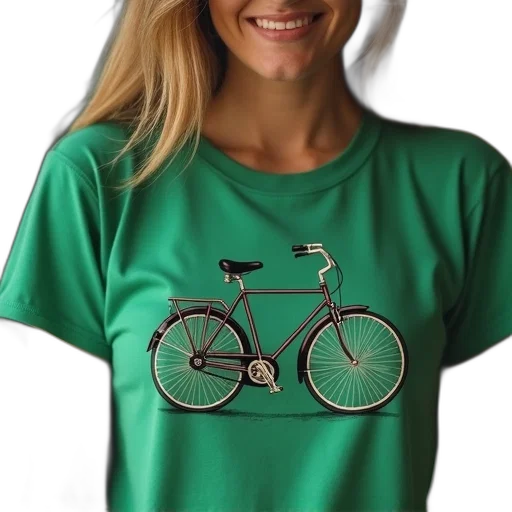 photorealistic, green, woman, wearing, t-shirt, vintage, bicycle, design transparent PNG cut-out
