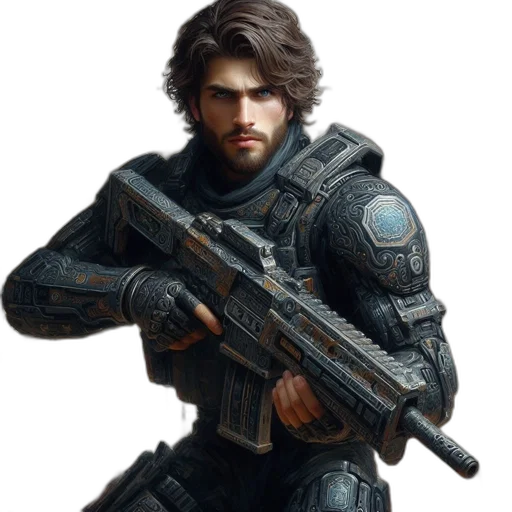 weapon, concept art, photorealistic, 3d render, fantasy art, man, dark, hair transparent PNG cut-out