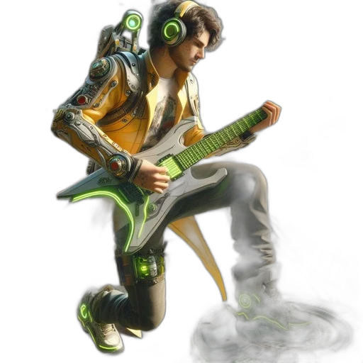 robot, jacket, weapon, concept art, fantasy art, cyberpunk, photorealistic, green transparent PNG cut-out
