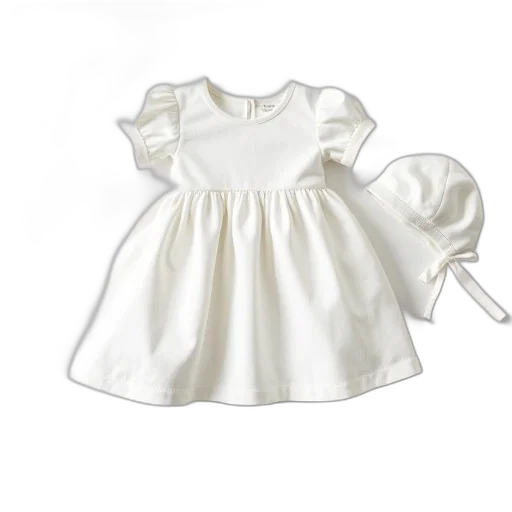 dress, white, baby, round, neckline, short, sleeves, displayed transparent PNG cut-out