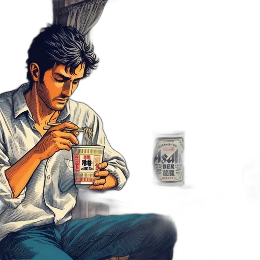concept art, comic book art, watercolor, photorealistic, man, enjoys, ramen, cozy transparent PNG cut-out