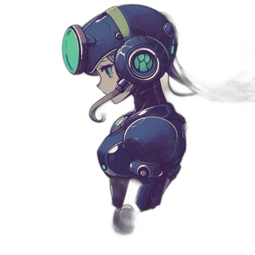 robot, mask, hat, staff, concept art, cyberpunk, anime, watercolor transparent PNG cut-out