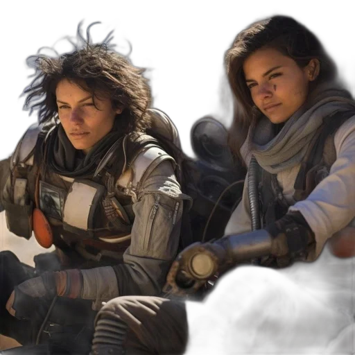 concept art, fantasy art, photorealistic, comic book art, snow, outer space, two, women transparent PNG cut-out