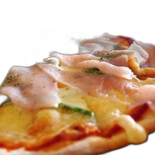 food, 3d render, photorealistic, delicious-looking, pizza, ham, herbs, top transparent PNG cut-out