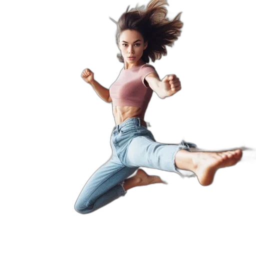 hair, photorealistic, concept art, 3d render, young, woman, mid-jump, kitchen transparent PNG cut-out