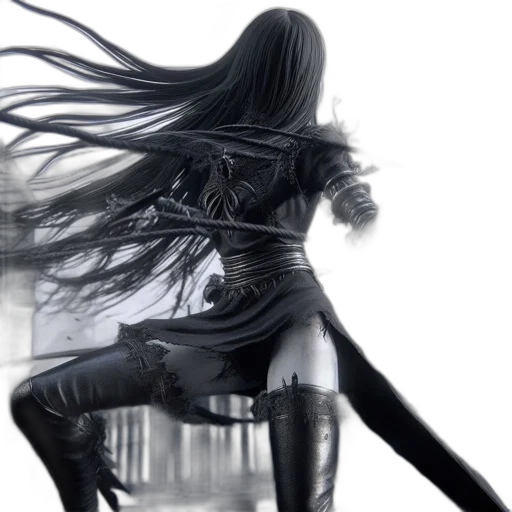 hair, dress, sword, concept art, fantasy art, photorealistic, cyberpunk, monochrome transparent PNG cut-out
