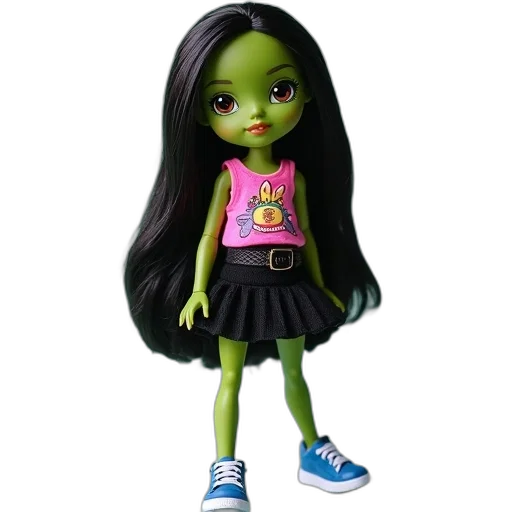 dress, 3d render, concept art, cartoon, green-skinned, doll, long, black transparent PNG cut-out