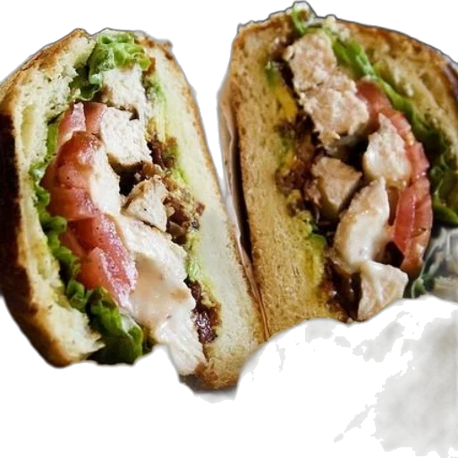 food, photorealistic, 3d render, delicious, chicken, sandwich, lettuce, tomato transparent PNG cut-out