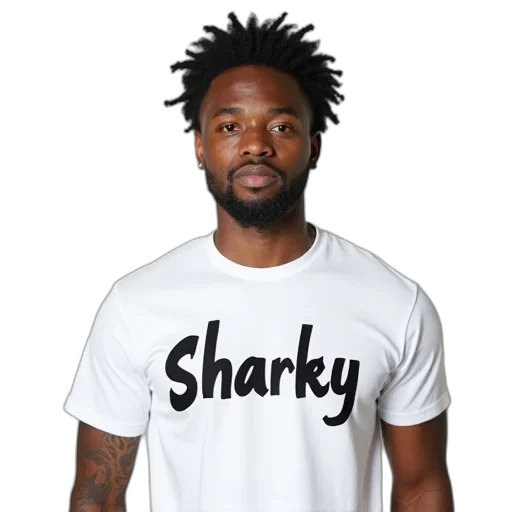 staff, man, wearing, white, t-shirt, word, sharky, cursive transparent PNG cut-out